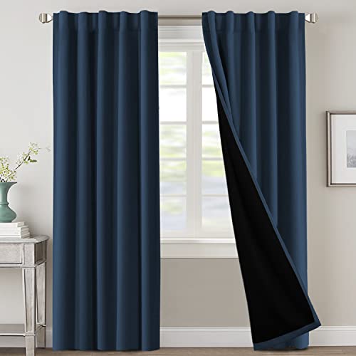 H.VERSAILTEX 100% Blackout Curtains for Bedroom with Black Liner Full Room Darkening Curtains Thermal Insulated Back Tab/Rod Pocket Window Drapes for Living Room, 2 Panels, 42 x 84 Inch, Nav