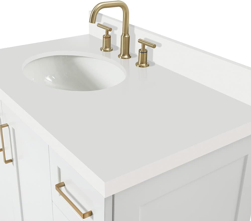 ARIEL Taylor 36-inch Bathroom Vanity with Sink,Solid Wood, 1.5-inch Pure White Quartz Countertop & Backsplash, Single Oval Porcelain Sink, 2 Soft Closing Doors, 5 Dovetail Drawers, White