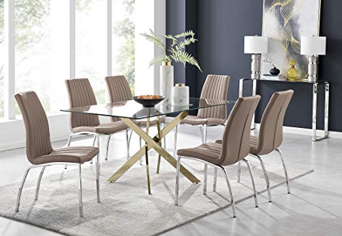 Image of Furniturebox UK Leonardo Clear Rectangular Tempered Glass and Gold Intwined Leg 6 Seater Kitchen Dining Table & 6 Cappuccino Faux Leather Silver Chrome Leg Isco Dining Chairs