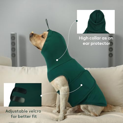 Hjumarayan Chaleco Antiestres para Perros, Chaleco Estirable Perro Ansiedad Chaleco Relajante Perro con Orejeras, Chaleco Antiestres Perros para Fuegos Artificiales, Tormentas, Verde Oscuro S