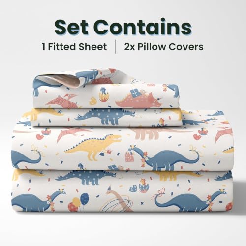 Image of LORETO - A QUALITY LINEN BRAND 144 TC 100% Pure Cotton King Size Fitted Bedsheet with 2 Pillow Covers for 72 x 72 Inch Mattress, All-Around Elastic, 8 Inch Deep Pocket, Coral Blue Dino Party