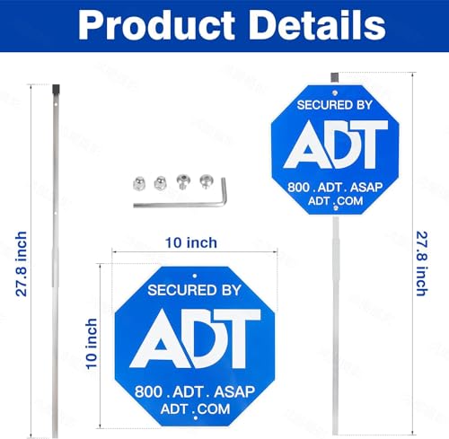 28\" ADT Security Signs & 8 Pcs Window Stickers - Heavy Duty Aluminum Yard Sign with Stake for Weather-Resistant Protection