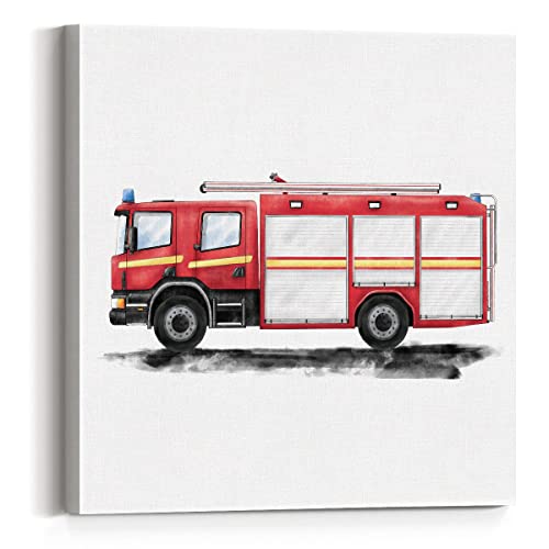 Image of Fire Truck Canvas Wall Art Framed Transportation Firetruck Painting Print Watercolor Boys Nursery Fire Engine Canvas Wall Decor for Home Bedroom 12x12 Inch