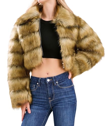 loveimgs Women Fluffy Faux Fur Coat Cropped Jacket Puffer Jacket Zip Up Winter Warm Fuzzy Teddy Jacket, Leopard, Small