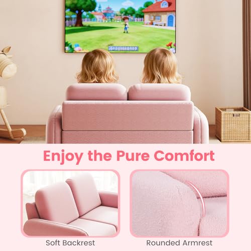 Image of INFANS Kids Sofa, 2 Seat Soft Thick Upholstered Couch with Plush Fabric Solid Wooden Frame, Armrest Chair Lounge for Playroom Kids Boys Girls