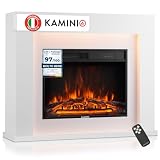KAMINIO Camino elettrico Matti - Caminetto da pavimento con riscaldamento, effetto fiamma 3D, luce ambiente a LED, telecomando - 38 pollici (Bianco)