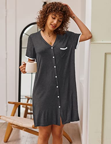 Ekouaer Womens Nightshirt V-Neck Button Down Nightgown Short Sleeve Sleepwear Pajama Dress - Image 2