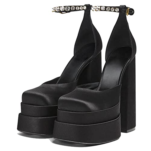 VIMISAOI Chunky Block Heels for Women Fashion Square Toe Ankle Strap Buckle Rhinestones Wedge Silk Satin High Platform Heels Dress Pumps Shoes Black