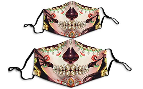 Generic 1PCS Half Face Sugar Skulls With Gem Stone 3D Printed Mask with Adjustable Ear-loop Nose Wire Day Of The Dead Celebration Gifts for Women Lady Girls Adults, Multicolor, Large