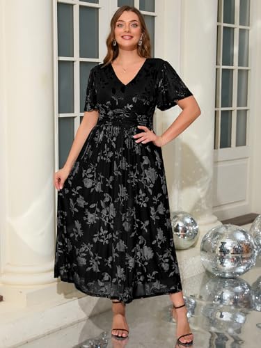 Image of Simplee Women's V Neck Velvet Maxi Dress Short Sleeve Empire Waist Long Formal Dress for Wedding Guest