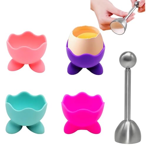 4PCS Lustig Eierbecher Set, Eierbecher Lustig mit 1 X Edelstahl Eiöffner, Eierständer Eierhalter Kinder Frühstücks Egg Cup für Rohes Gekochtes Eier Brunch
