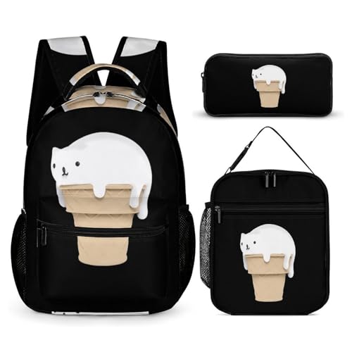 Funny Cat Ice Cream Funny Backpack Set Lunch Bag Pencil Case Makeup Bag 3 in 1 for Men Women Travel