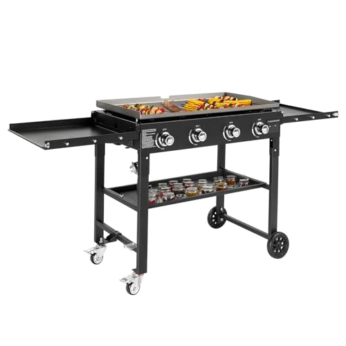 Flat Top Grill with 4 Burner, Foldable Propane Outdoor Griddle Grill with Grease Cup, 60,000BTU Gas Flattop Grills with 2 Shelves for Outdoor Cooking, Backyard