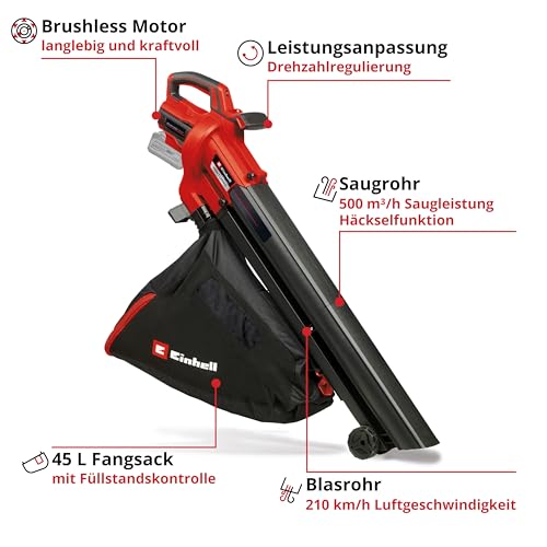 Einhell Akku-Laubsauger VENTURRO 18/210 Power X-Change (18 V, Saugleistung 500 m³/h, Fangsack 45 L, Blasfunktion bis 210 km/h, inkl. 4 Ah Akku & Ladegerät) Schwarz,Rot