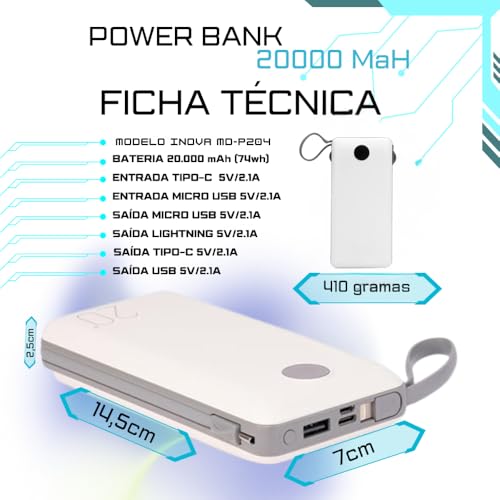 Carregador Portátil Power Bank 20000mAh, Turbo Universal, Display Digital, Rápido Potente Lightning