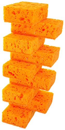 Image of Orange Multi Use Scrub Sponge. Made in Europe. 9 Pack, 4.3x2.8x1.4 inches. Odorless Heavy Duty and Non Scratch Fiber. Durable and Delicate Scrubber for Dirty Surfaces in Kitchen, Home, Outdoors