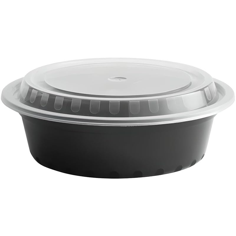 OCS Parts 10-Pack Round Microwavable Food Prep Containers | 32-Ounce | 7.25" x 2.5" Disposable Reusable Black Plastic Food Storage Containers with Lids for Leftovers, Lunch, and Takeout