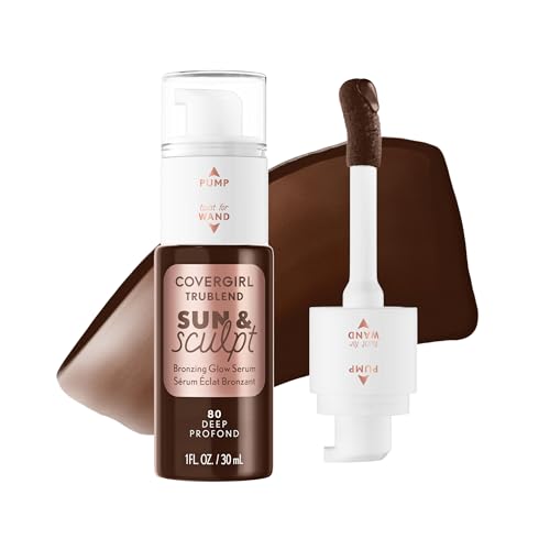 COVERGIRL TruBlend Sun & Sculpt Bronzing Glow Serum, Buildable, Radiant Glow, Wand and Pump Applicator - 80 Deep