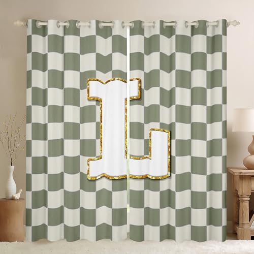 Image of Erosebridal Sage Green Checkered Window Curtains 42 inch Wx90 L Plaid Initial L Blackout Curtains for Bedroom Living Room,Personalized Monogram Window Treatments Grids Gingham Drapes Decor 2 Panels