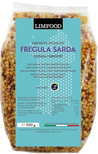 Limfood | 500g Fregola Sarda Pasta Kugelpasta Tostada Fregula Sarda fein geröstet sardische Nudeln Pasta-Spezialität trafilata al bronzo (Kugelpasta Tostada)