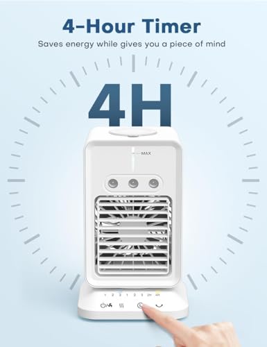Image of HIFRESH Mini Cooler for Room w /Auto Rotate, 3 Spray Modes, Cold Air, Mini Fan w /Top Ice Chamber, 1 /2 /3 /4H Timer, USB Compatible Air Cooler for Room Cooling, 3 Speeds Small AC, Low Power Consumption