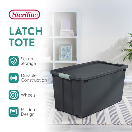 Image of Sterilite 4-Pack Latch Tote, Stackable Plastic Storage Bin Containers, 45 Gal, Gray /Green - Large Organizer Boxes with Lids and Wheels for Closet, Bedroom, Tool, and Laundry Organization
