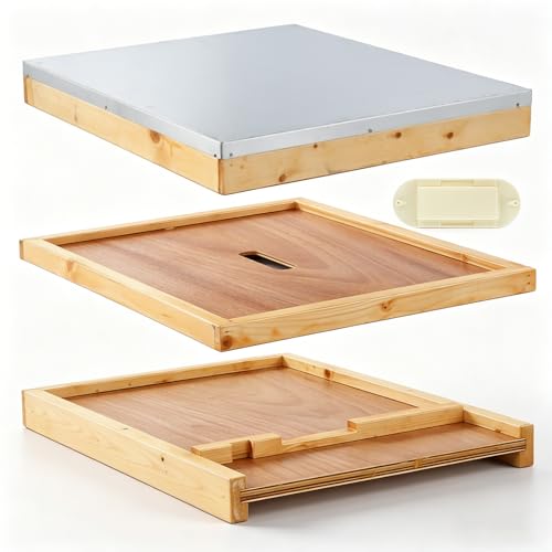 Weysat 3 Pcs Beehive Parts Include Mental Hive Cover Beehive Bottom Board with Entrance Reducer Inner Cover 10 Frame Solid Wood in Beeswax for Beekeeping Tool