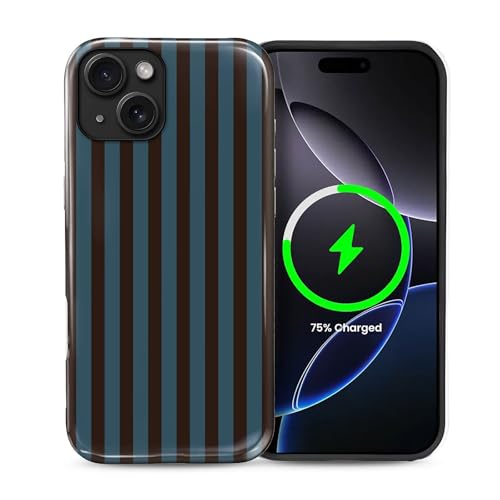 Goodsprout for iPhone 15 Plus Cases,Campatible with Magsafe,2-Layer Hard Shell + Silicone Cover - Shockproof Protection, High-end and Fashionable Phone Case Blue and Brown Striped Minimalist Style