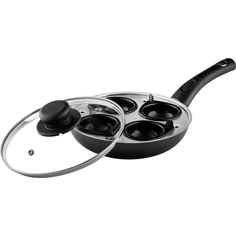 20cm / 8" Non-Stick Aluminium Traditional Egg Poacher, 4 Cup, with Glass Lid - Image 1