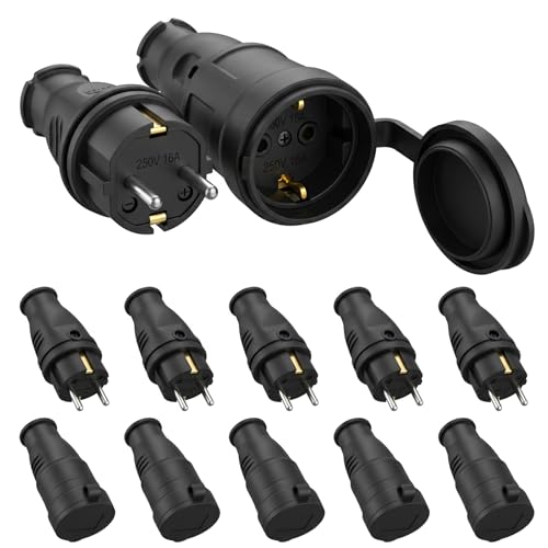 Vexnaro Enchufe Schuko Macho Hembra Profesional Juego 5 Pares, IP44 250V 16A con Protección Antitorceduras y Acoplamiento de Goma, Enchufe Exterior para Cable 0,5–3 cm² Cable