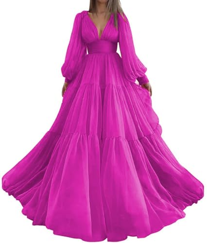 Long Sleeve Princess Dresses for Woman V Neck Tulle Prom Dress A Line Ruched Formal Party Evening Gowns Fuchsia