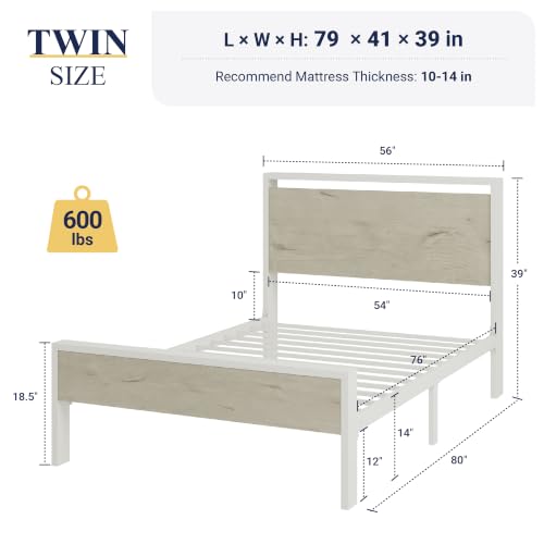 Image of Allewie Twin Size Bed Frame, Heavy Duty 12 Metal Slats Support, White | Wooden Headboard and Footboard, Modern Platform Bed, No Box Spring Needed, Under-Bed Storage, Noise Free, Easy Assembly