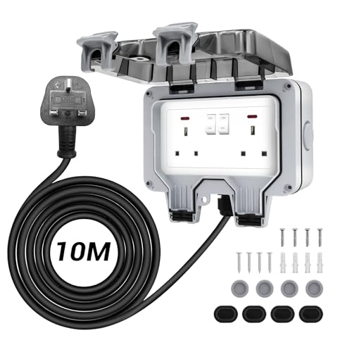 Waterproof Double Outdoor Socket with Outdoor 10M Extension Lead,LED Indicators,IP66 Outside Plug Socket Wall Electrical Outlet 13Amp 2 Gang High Impact PC Housing Switched Power Box, for Garden, Home