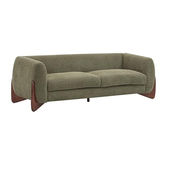 Image of Upholstered 3 Seater Sofa Three Seater Sofa with Wooden Legs for Living Room Hotels & Offices (Boucle Green 3+1+1 Sofa Set)