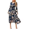 Simplee Women's Floral Boho Long Sleeve Maxi Dress V Neck Empire Waist Swing Flowy Wedding Guest Dress Navy Floral L