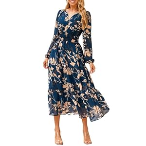 Simplee Women’s Floral Boho Long Sleeve Maxi Dress V Neck Empire Waist Swing Flowy Wedding Guest Dress