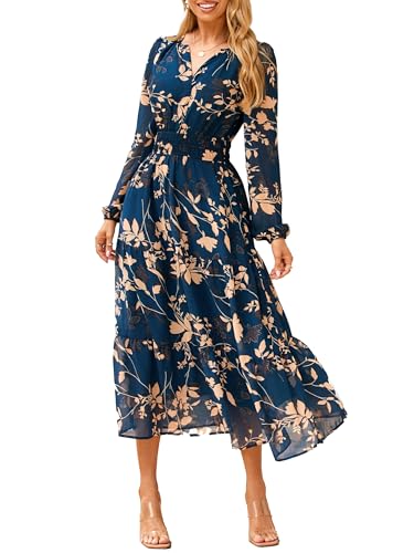 Simplee Maxikleid für Damen, Blumenmuster, Boho, Lange Ärmel, V-Ausschnitt, Empire-Taille, Swing, fließend, Hochzeitsgästekleid, Marineblau mit...