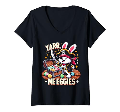 Mujer Camiseta pirata de conejo de Pascua Yarr Me Eggies - Funny Kids Egg Hunt Camiseta Cuello V