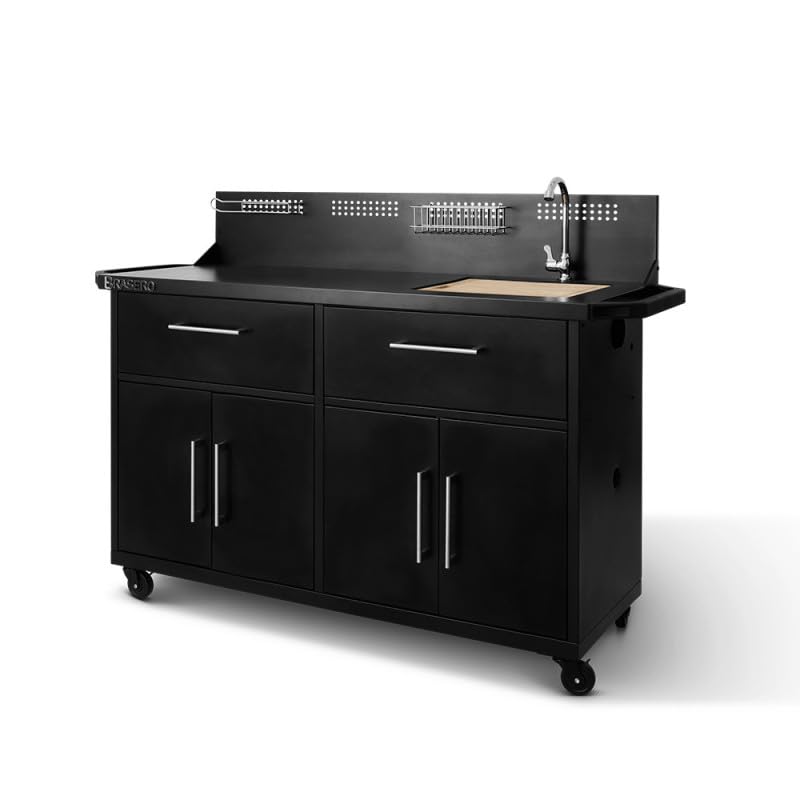BRASERO by FAVEX – Station Pro Cuisine d'extérieur pour plancha 2 à 3 Feux – Évier INOX intégré – Planche à découper – 155 x 55 x 113 cm