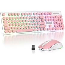 Backlit Pink Keyboard and Mouse Wireless, 2.4GHz Light Up Typewriter Rechargeable Quiet Keyboard Cordless with USB Receiver for PC/LaptopPink
