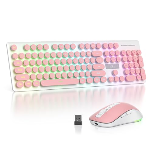 Vumilstek Backlit Pink Keyboard and Mouse Wireless, 2.4GHz Light Up Typewriter Rechargeable Quiet Keyboard Cordless with USB Receiver for PC/Laptop(Pink)