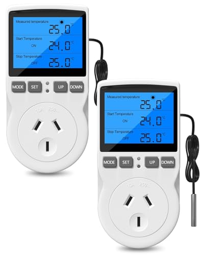 Bonlux Plug in Digital Thermostat Temperature Control, Heating and Cooling Reptile Thermostat Timer Plug Socket AU, Digital Temperature Controller for Greenhouse, Homebrew, Aquarium, 2 Pack