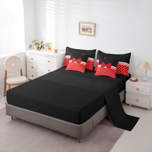 Feelyou Polka Dots Red Bow Comforter Set with Sheets 7 Piece Full Size White Damask Bedding Set for Kids Boys Girls Cute Bow Bed in a Bag Kawaii Room Decor Soft Lightweight Microfiber — view 4