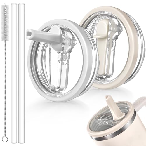 ANTAND 2 Pack Leakproof Lid Replacement 40 oz for Stanley Cup Accessories, Flip Straw Tumbler Leak Proof Lids for Stanley Quencher H2.0, Dust-Proof Straw Cover for stanley cups 40oz (Beige, White)
