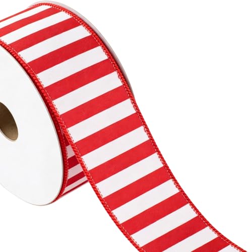 Meseey 2.5 Inch 10 Yard Red White Striped Wired Ribbon,Candy Cane Wired EDG Ribbons for Christmas Tree Wreath, Peppermint Striped Gift Wrapping Bow DIY Craft Holiday Decor