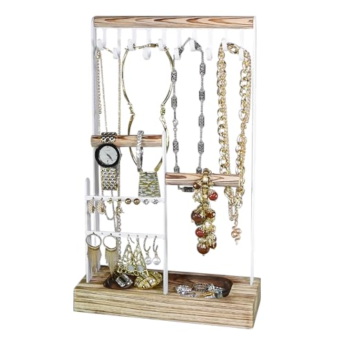 AMT Jewelry Organizer Stand, Wooden Tray, Extra Tall | Earrings, Necklace & Bracelet Holder Organizer Display (Carbonized Black & White, 10 Hooks)