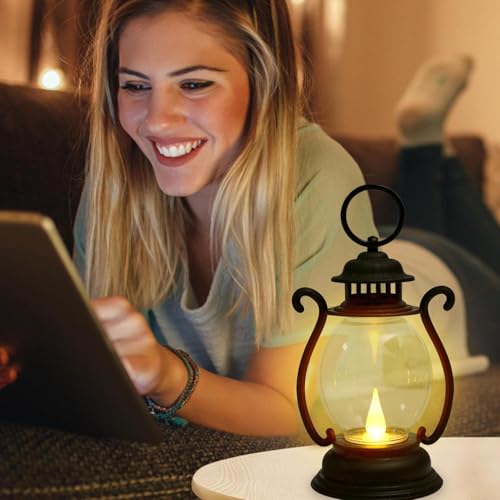 Yhsioaklo Farmhouse Table Lamp - LED Bedside Light | Battery Operated Home Decor Light for Bedroom, Living Room & Patio, Rustic Decorative Lamp, Warm White, Pack of 1, Metal - Image 2