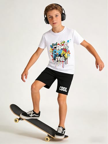 Image of Cakaner Tween Boys Summer Clothes 2 Piece Short Sleeve Graphic T-Shirt and Shorts Casual Outfit Set Size 7-14