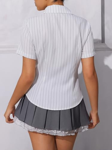 SweatyRocks Women's Striped Button Down Shirt Short Sleeve Collared Fitted Work Office Blouse Dressy Tops2