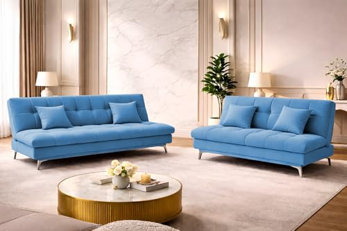 Image of Krancy Solid Wood 3 + 2 Seater Sofa Cum Bed with 2 Cushions | Convertible Wooden Couch for Living Room, Home & Office | Modern Designer Furniture | 3 Years Warranty | Turquise